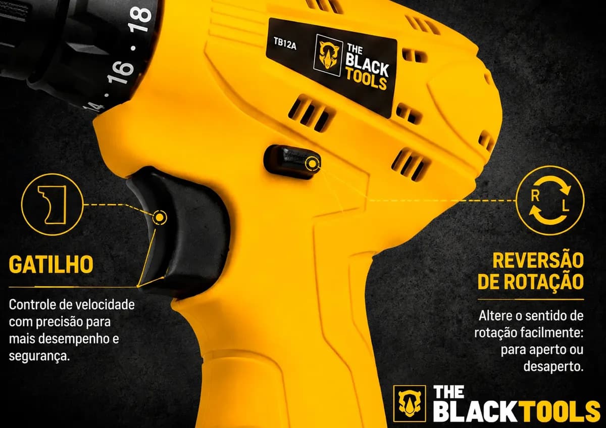 Parafusadeira Furadeira The Black Tools TB12A 3/8 a Bateria Cor Amarelo Frequência 60Hz — imagem 4