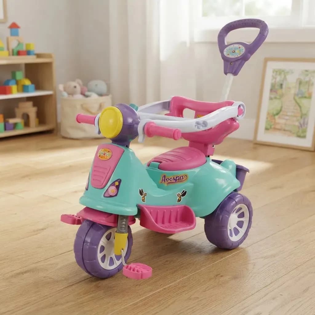 Triciclo Infantil Rosa Maral 2 em 1 Passeio e Pedal com Buzina — imagem 6