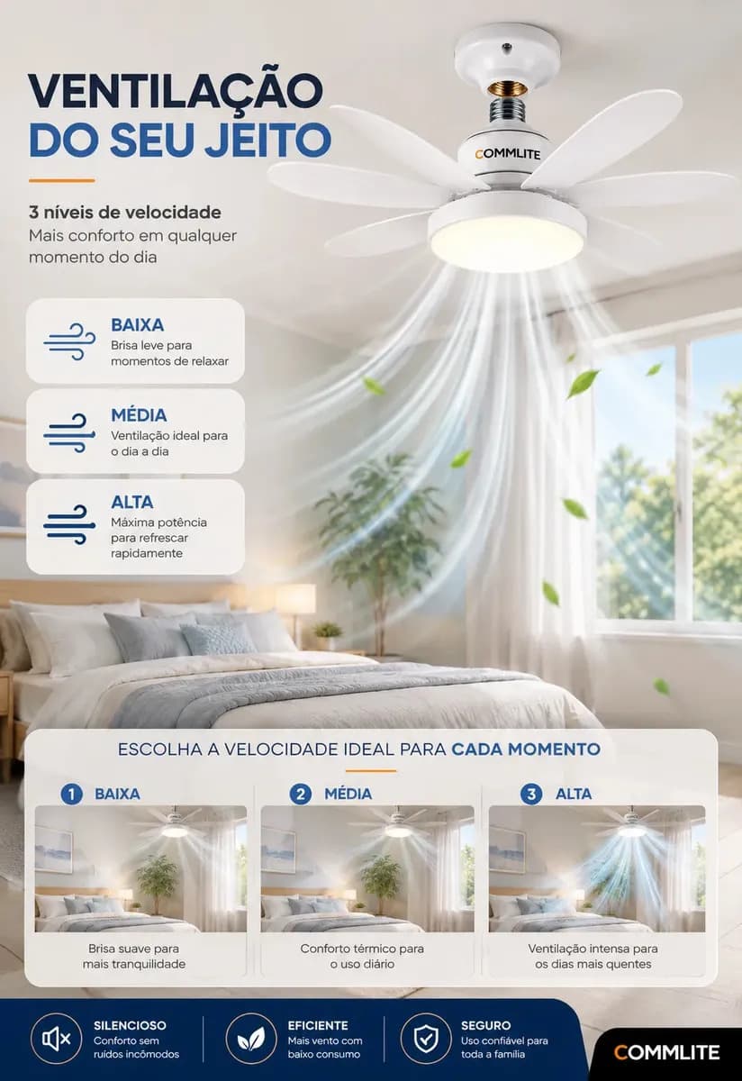 Ventilador de Teto 60W Silencioso Lâmpada Forte com LED, Controle e 6 Pás Soquete E27 Para Residencial Comercial Interno Externo Quarto Sala Cozinha Escritório  — imagem 5