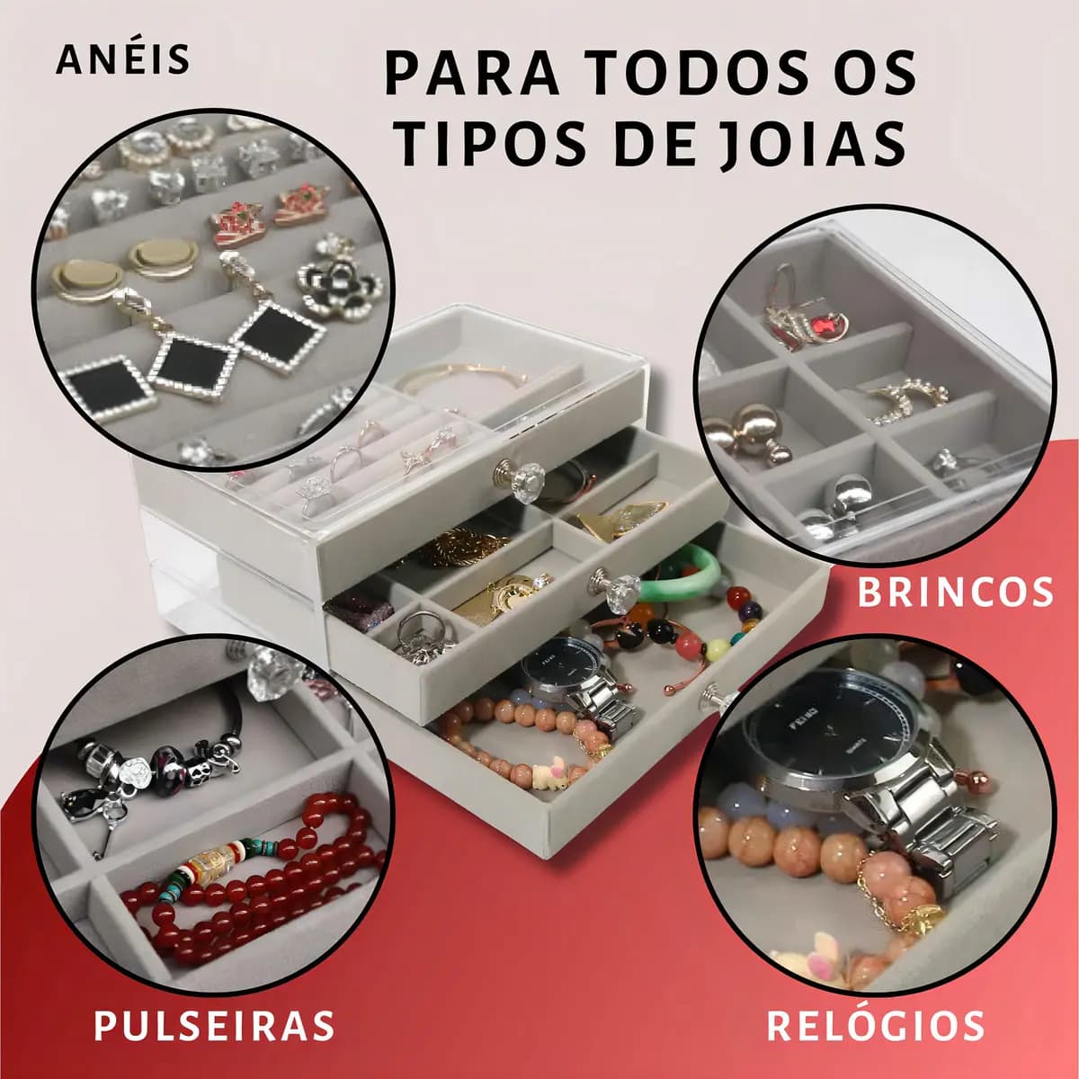 Organizador de Joias Acrílico FM FARMEL 3 Gavetas Cinza — imagem 3