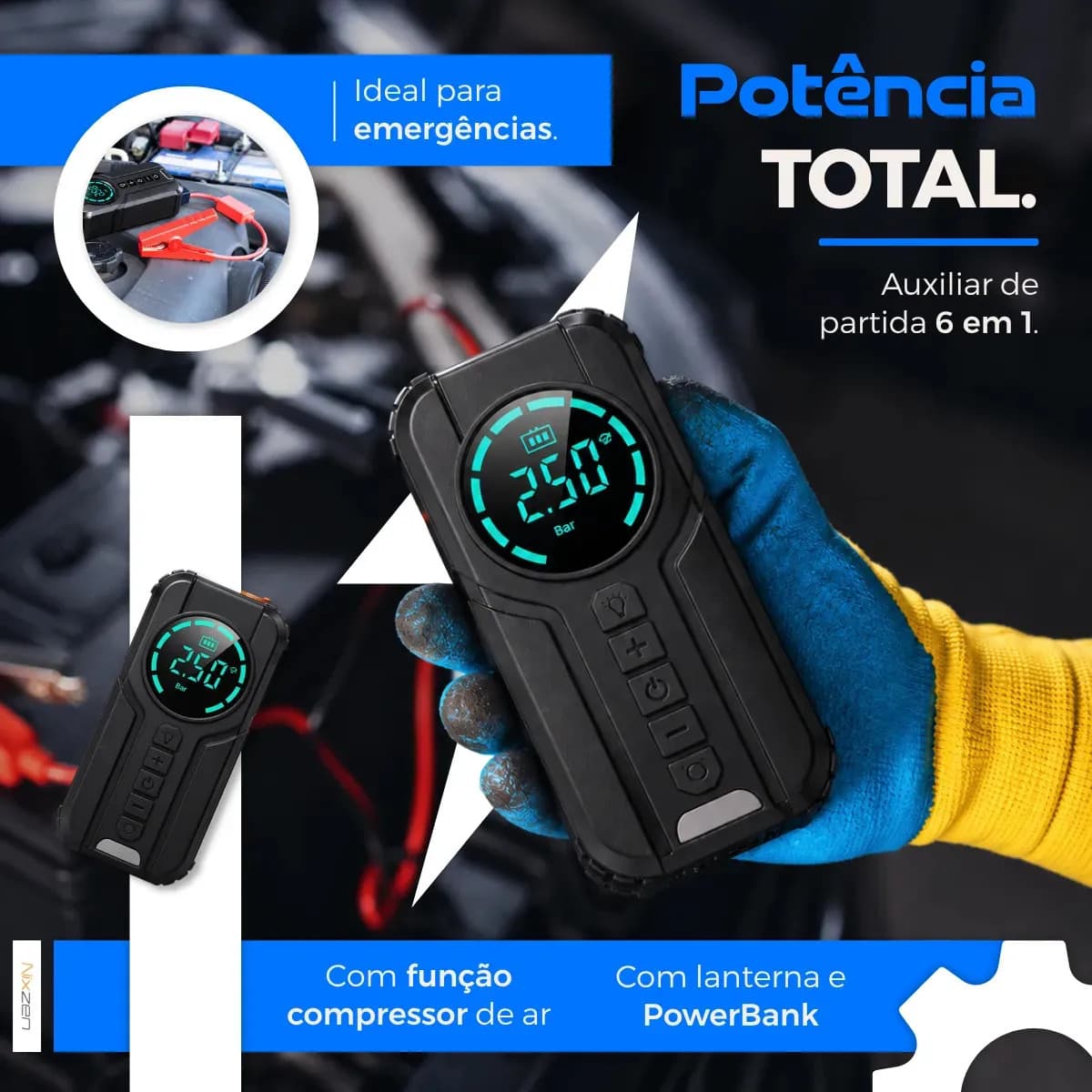 AuxiIiar de Partida Carregador Bateria Com Compressor De Ar Portátil VeicuIar Emergência 6 em 1 InteIigente Digital 12V CaIibrador Pneu Automotivo Lanterna LED  — imagem 2