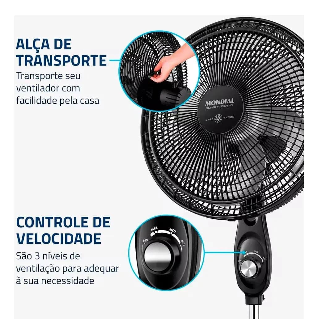 Ventilador de Coluna 40cm Super Power VSP40C 6 Pás 3 Velocidades Mondial — imagem 3