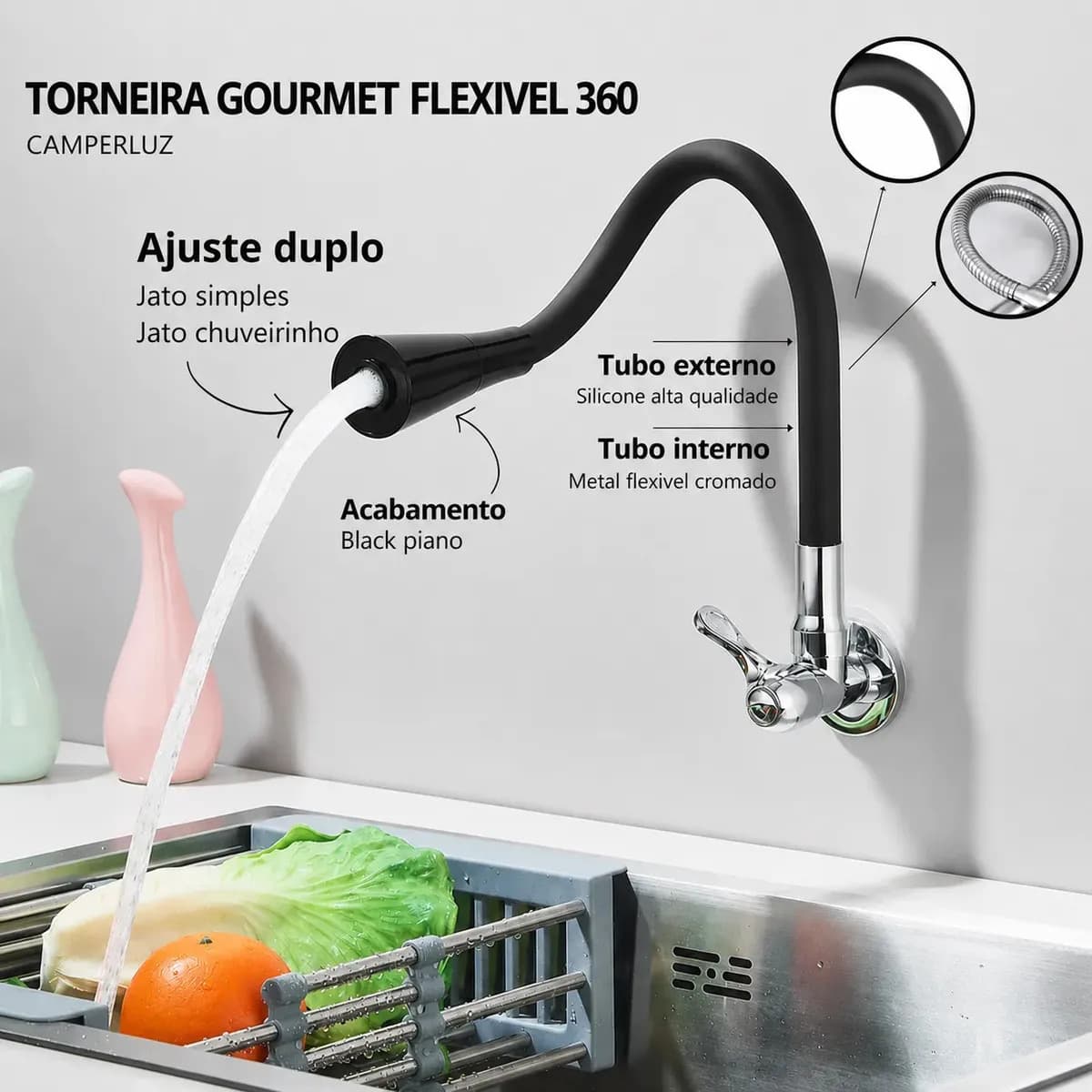 Torneira Gourmet Luxo Flexível Cozinha Parede 2 Jatos Pia Metal Cor Aço Inox e Preto- Marca Camperluz — imagem 3