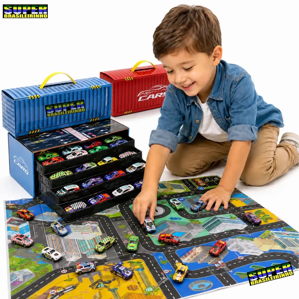 Maleta 48 Carrinhos + Tapete Pista 40x60 Estacionamento Brinquedo Infantil Presente Criança - Super Brasileirinho — imagem 4