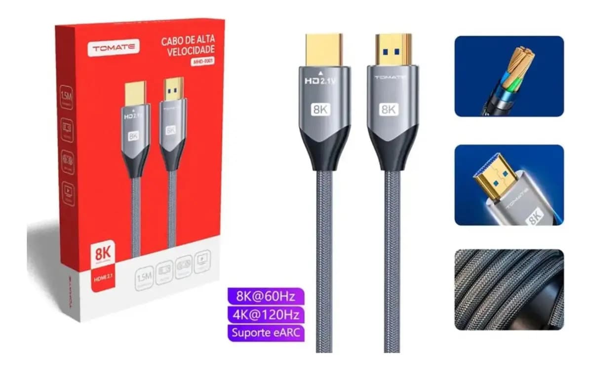 Cabo HDMI 2.1 8K 120Hz 2 Metros Conector Ouro Alta Velocidade — imagem 5