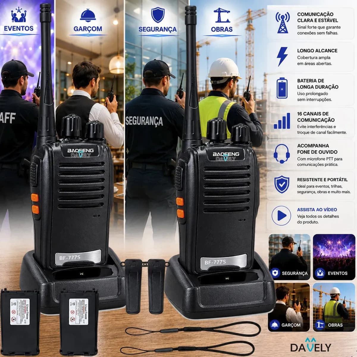 Kit 2 Rádios Comunicadores Walkie Talkie Profissional Eventos HT UHF Radinho walk talk - Com Fone Microfone e Acessórios Comunicação Segura Longo distancia Segu