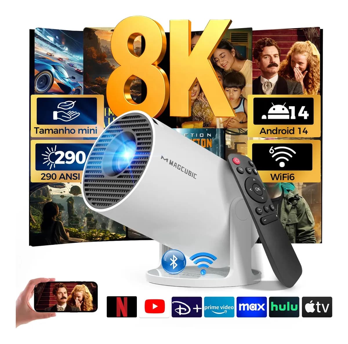 Magcubic Portátil Projetor Hy300pro Mini Smart TV Android 11 290Ansi Lumens Bluetooth 5.4 WI-FI 6 Full Hd 4K Hdmi Usb Cinema Home Branco