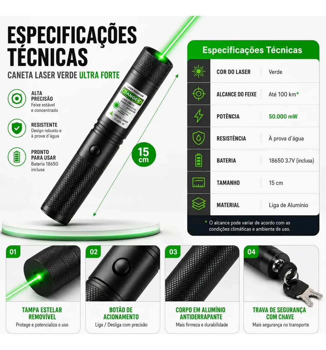Caneta Laser Verde Ultra Forte Alcance 100km Recarregavel Para Trilhas Apresentações Profissionais Astronomia Prova D'agua Marca EX Decor — imagem 5
