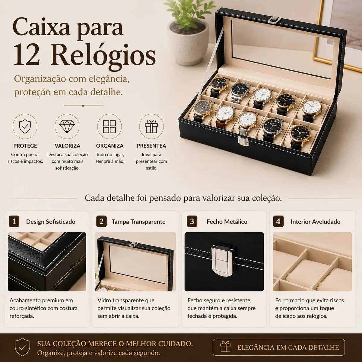 Caixa Maleta Porta Relógios 12 Lugares Couro Sintético Luxo Preto — imagem 6