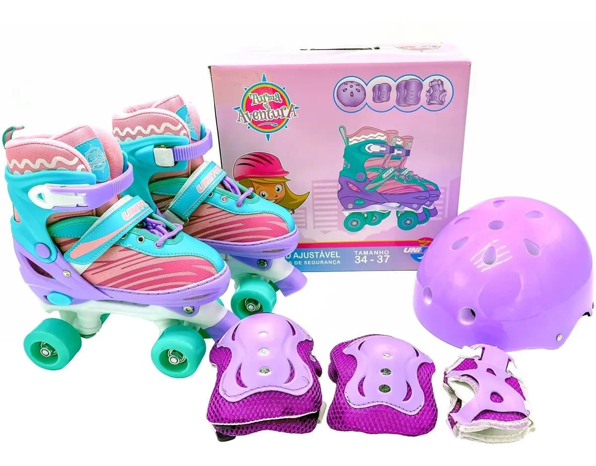 Patins Quad Infantil Unitoys Violeta Com Kit Proteção e Ajuste de Tamanho M (34-37) — imagem 5