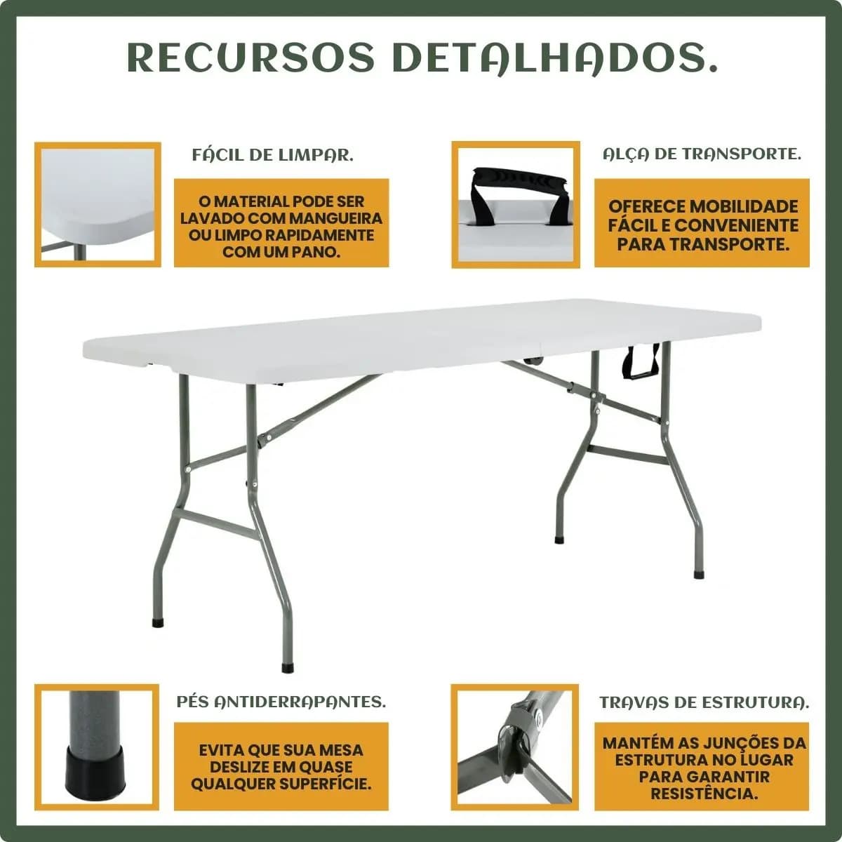 Mesa Dobrável Vira Maleta Com Alça Portátil 1.80m Para Camping Pesca Jardim Área Externa Ou Interna Salão De Festas Gourmet Cor BrancoLuvinco — imagem 4