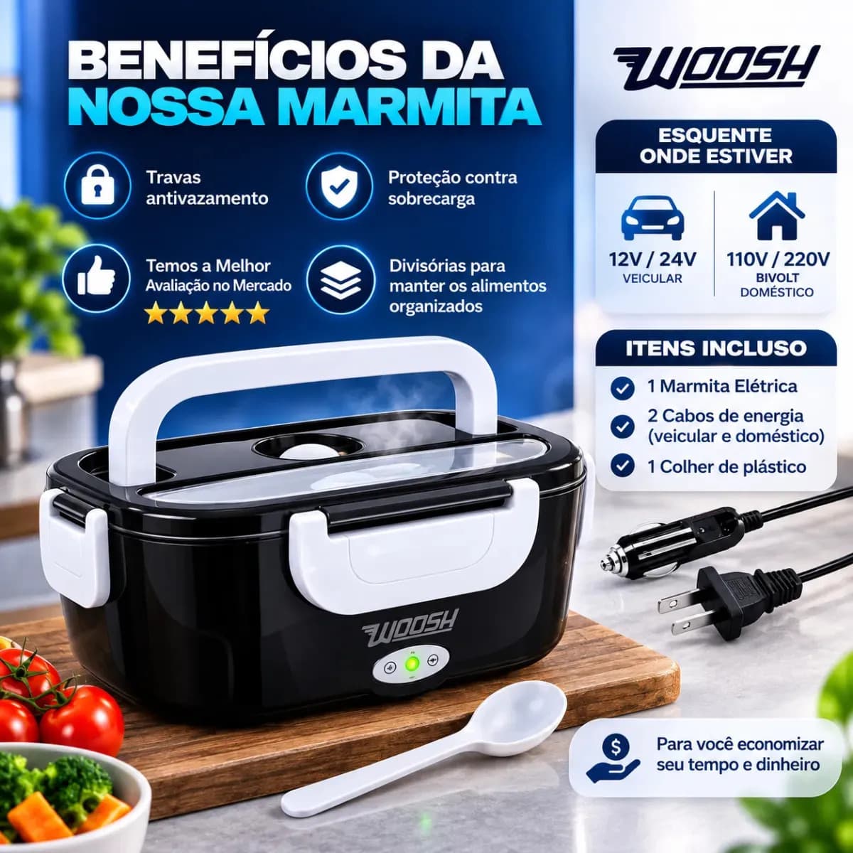 Marmita Elétrica Preta Bivolt Portátil Doméstica 110/220v Veicular 12/24v Lancheira 1.5l Com Divisórias Esquenta Rápido Refeições Práticas Trabalho Casa Carro C — imagem 2