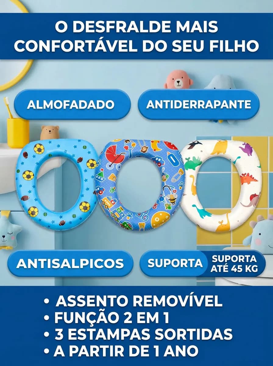Assento Redutor Sanitário Infantil Menino Almofadado Anatômico Confortável Antiderrapante Higiênico Ajustável Universal Vaso Banheiro Treinamento Desfralde Segu — imagem 2