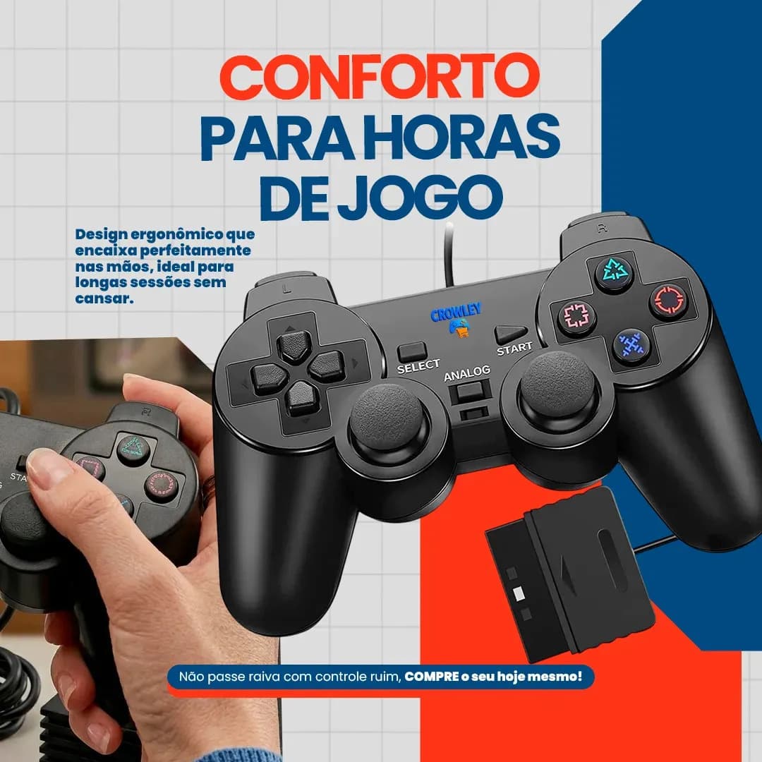 Kit 2 Controles Para Ps2 e PS1 Com Fio Analógico Joystick Manete - Crowley — imagem 4