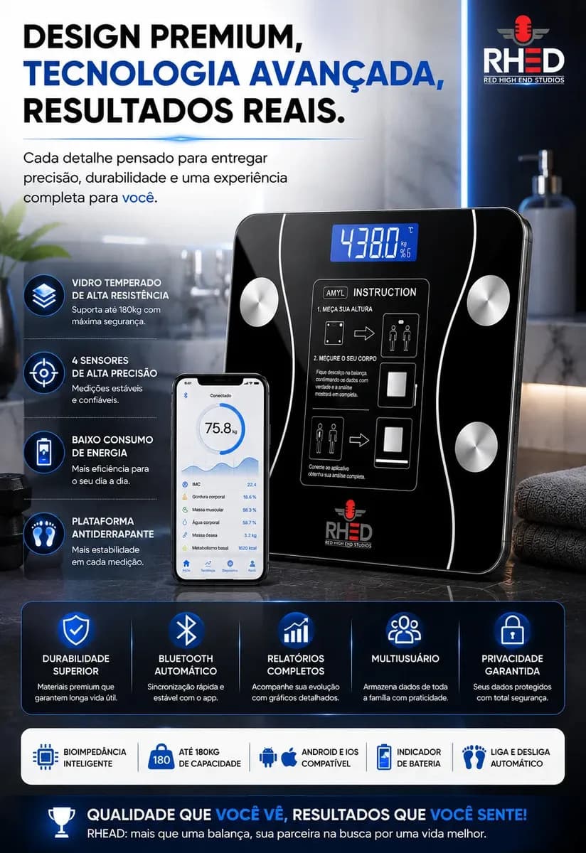 Balança Digital Bioimpedância Profissional smart imc 180kg Bluetooth Corporal Aparelho Alta Capacidade aplicativo App para Android e para IOS Balança De Banheir — imagem 4