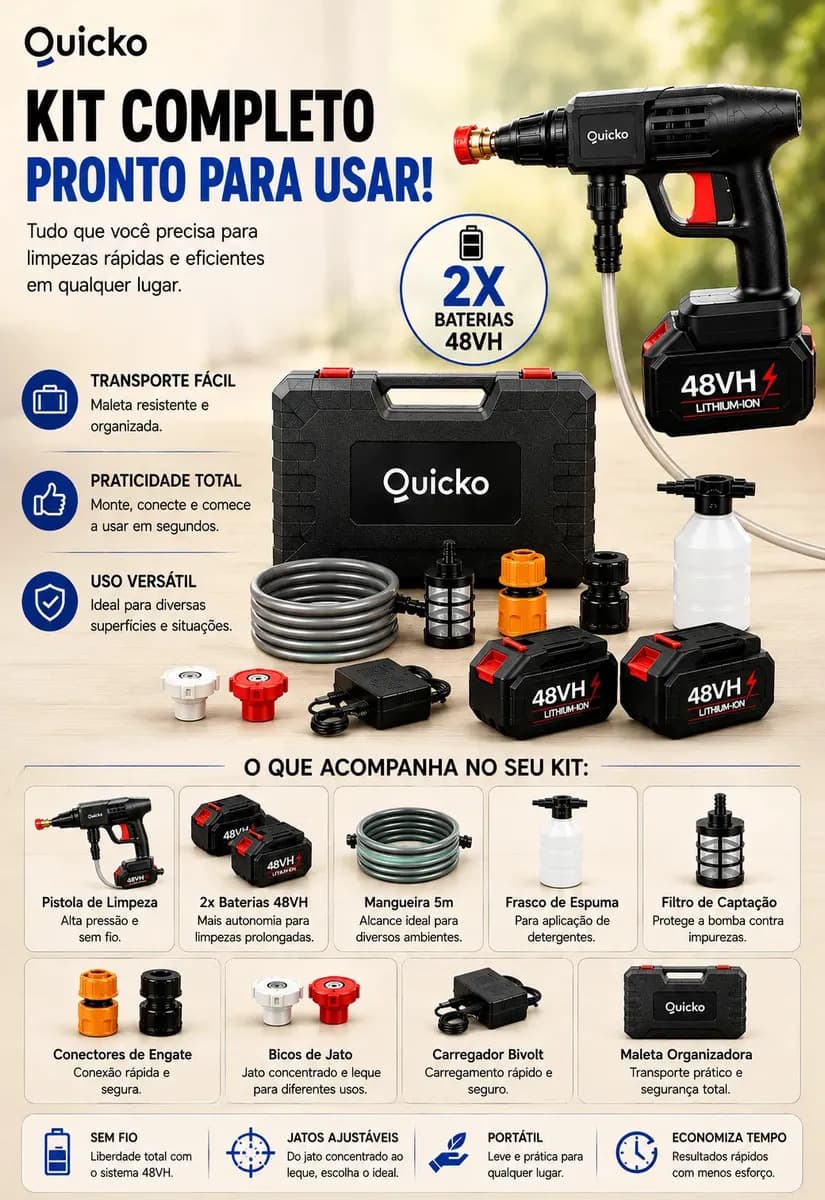 Lavadora De Alta Pressão Vap Portátil Sem Fio Bateria Lava Jato Elétrica Recarregável P/ Lavar Carro Moto Quintal C/ 2 Baterias Quicko Bico Mangueira Dispenser  — imagem 3