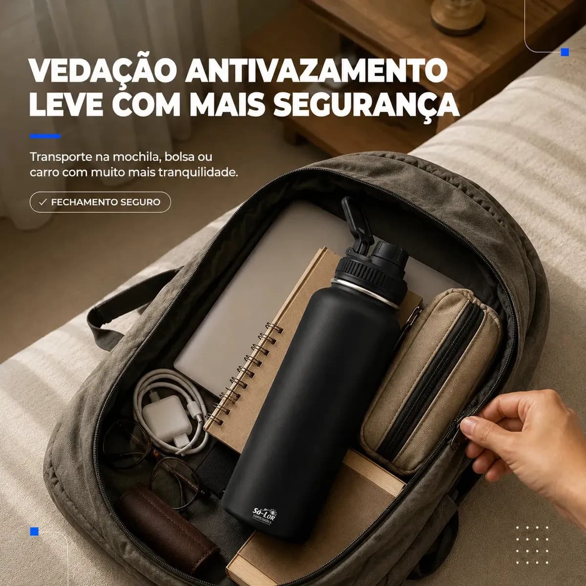 1000ml Garrafa Térmica Isolada A Vácuo Squeeze Aço Inox 304 para Água Gelada Esporte Academia com Alça e Bico Preto Sólar — imagem 5