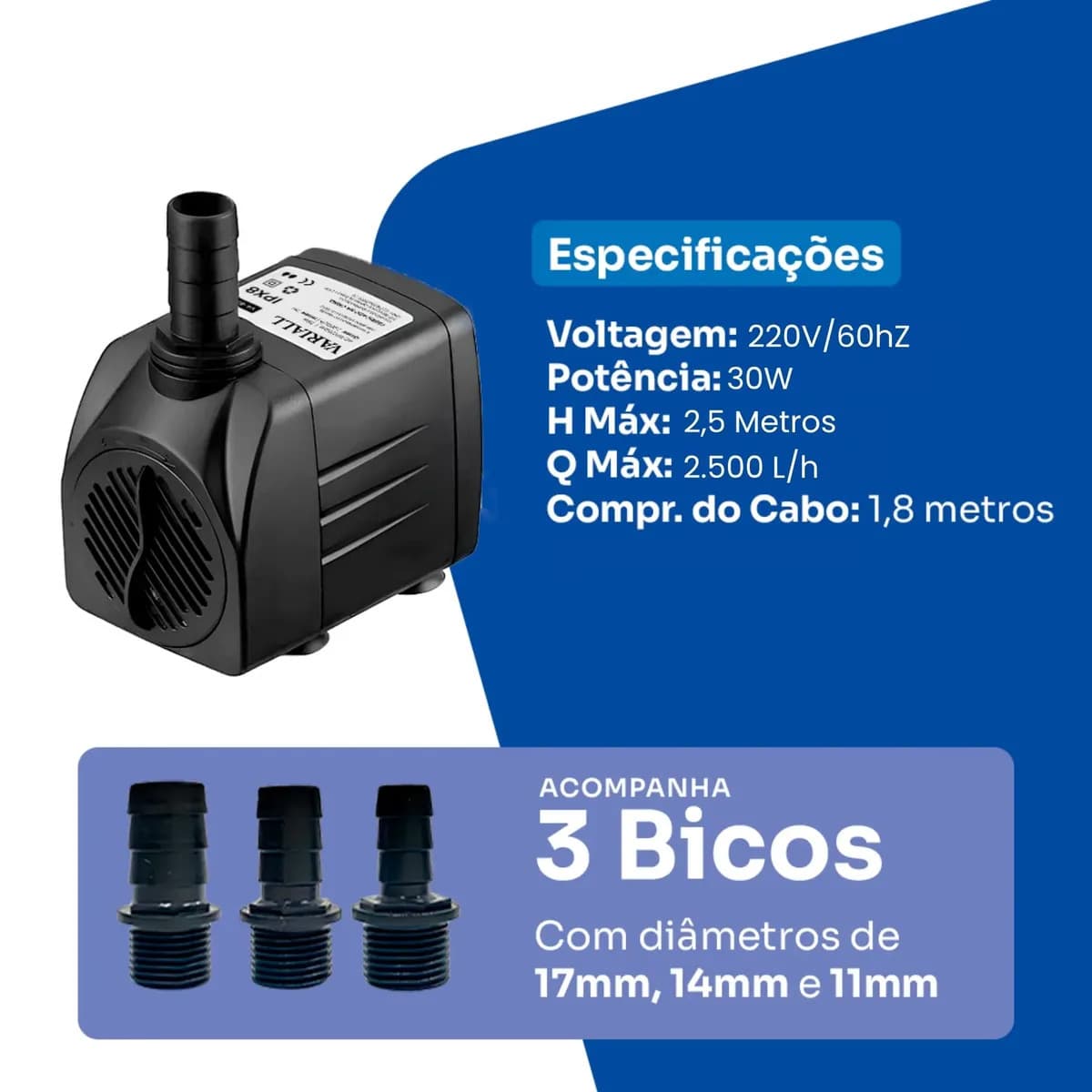 Bomba Submersa 2500l/h 2,5m Lagos Recalque Fontes Aquários Cascata Chafariz Motor Água Doce Salgada Marinho Fonte Hidroponia Aquaponia — imagem 2