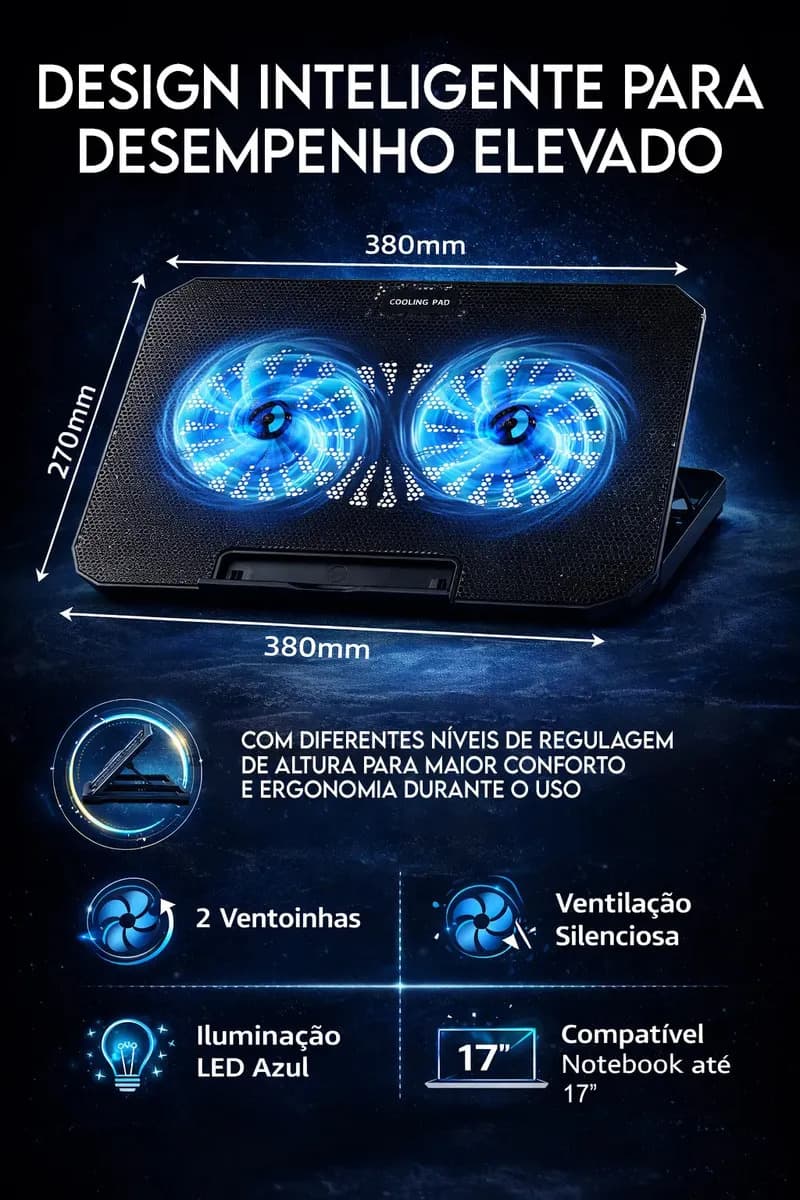 Base Suporte Para Pc Notebook Alumínio Portátil Articulado Dobrável Tablet Laptop Mesa Davely Cor Preto Com Ventoinhas E Suporte Para Celular Refrigerada 2 Cool — imagem 6