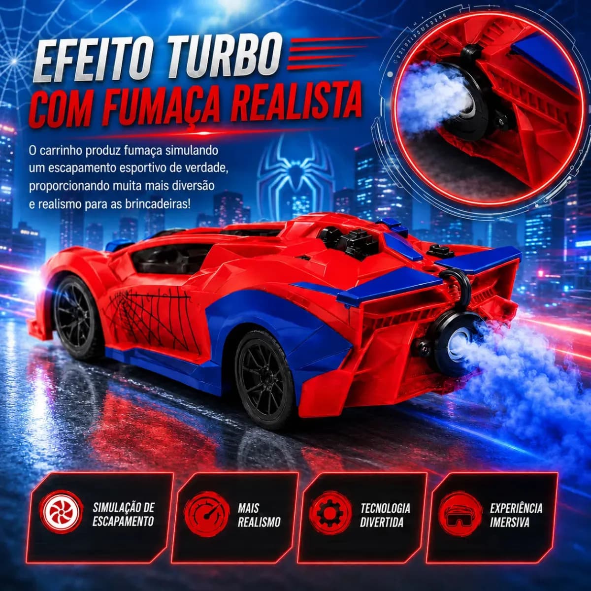 Carrinho de Controle Remoto Homem Aranha c/ Fumaça e Luzes Brinquedo Divertido Presente Dia Crianças Flow Dimension — imagem 5