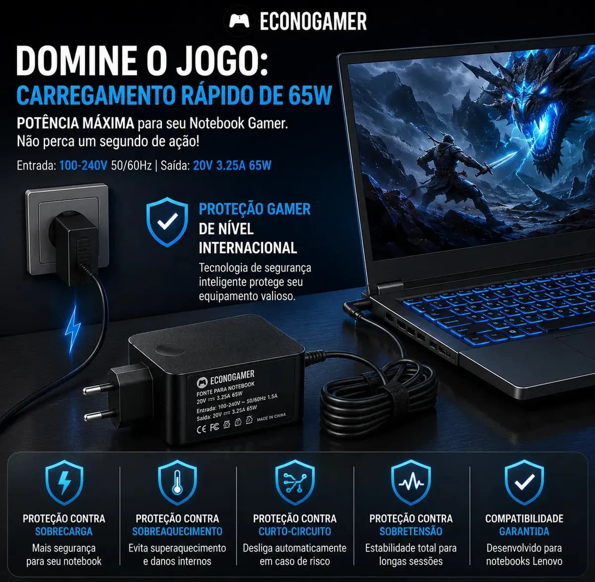 Fonte Carregador Notebook Compatível com Lenovo Ideapad S145 15api 81v70004br 330 81fe0002br Adlx65 Id S145 81v70008br 65w 320 80yh001br Bivolt Ipa-1450 3-15alc — imagem 4