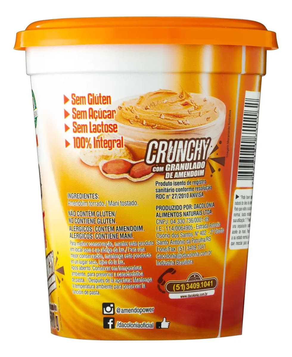 Pasta de Amendoim 100% Integral Crunchy DaColônia Amendo Power 500g Sem adição de Açúcares, Sem Glúten e Fonte Natural de Energia — imagem 4