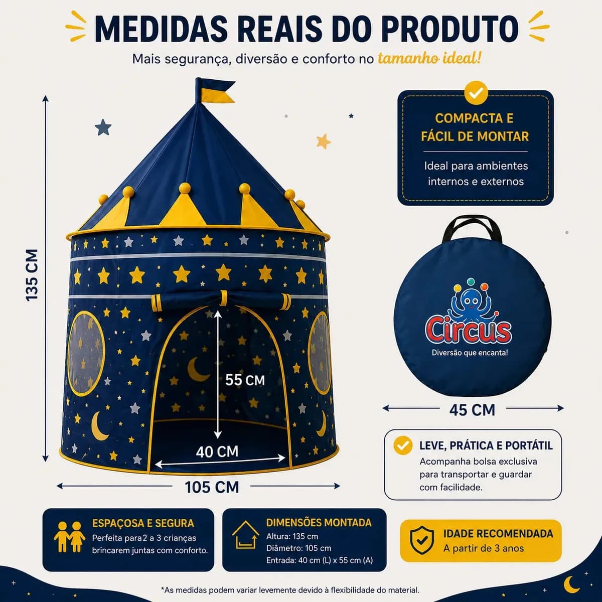 Barraca Infantil Cabana Tenda Festa Do Pijama Menino Criança Bebê Iglu Portátil Circus Azul — imagem 4