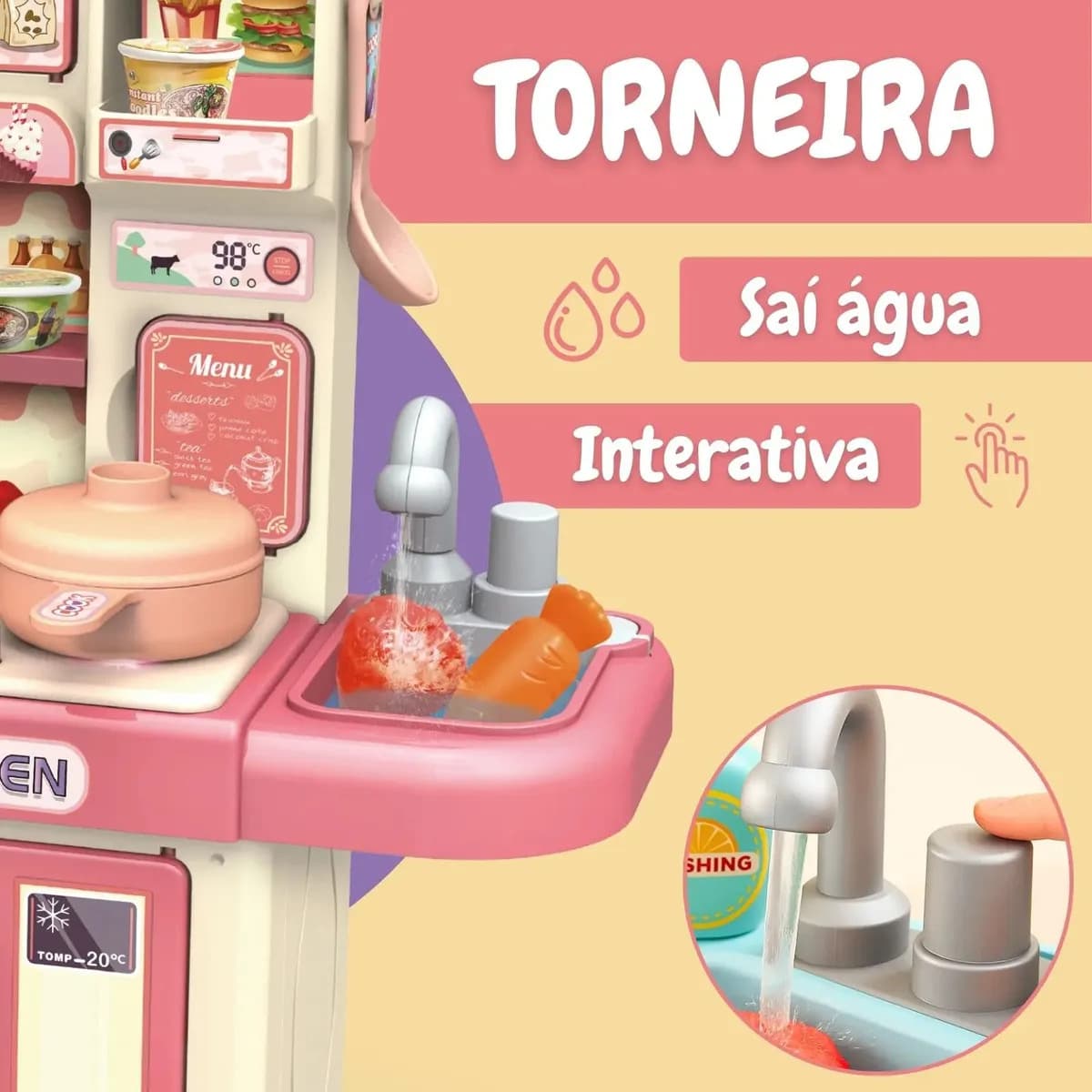 Cozinha Infantil Brinquedo Com Luz 33 Acessórios Sai Água Rosa — imagem 5