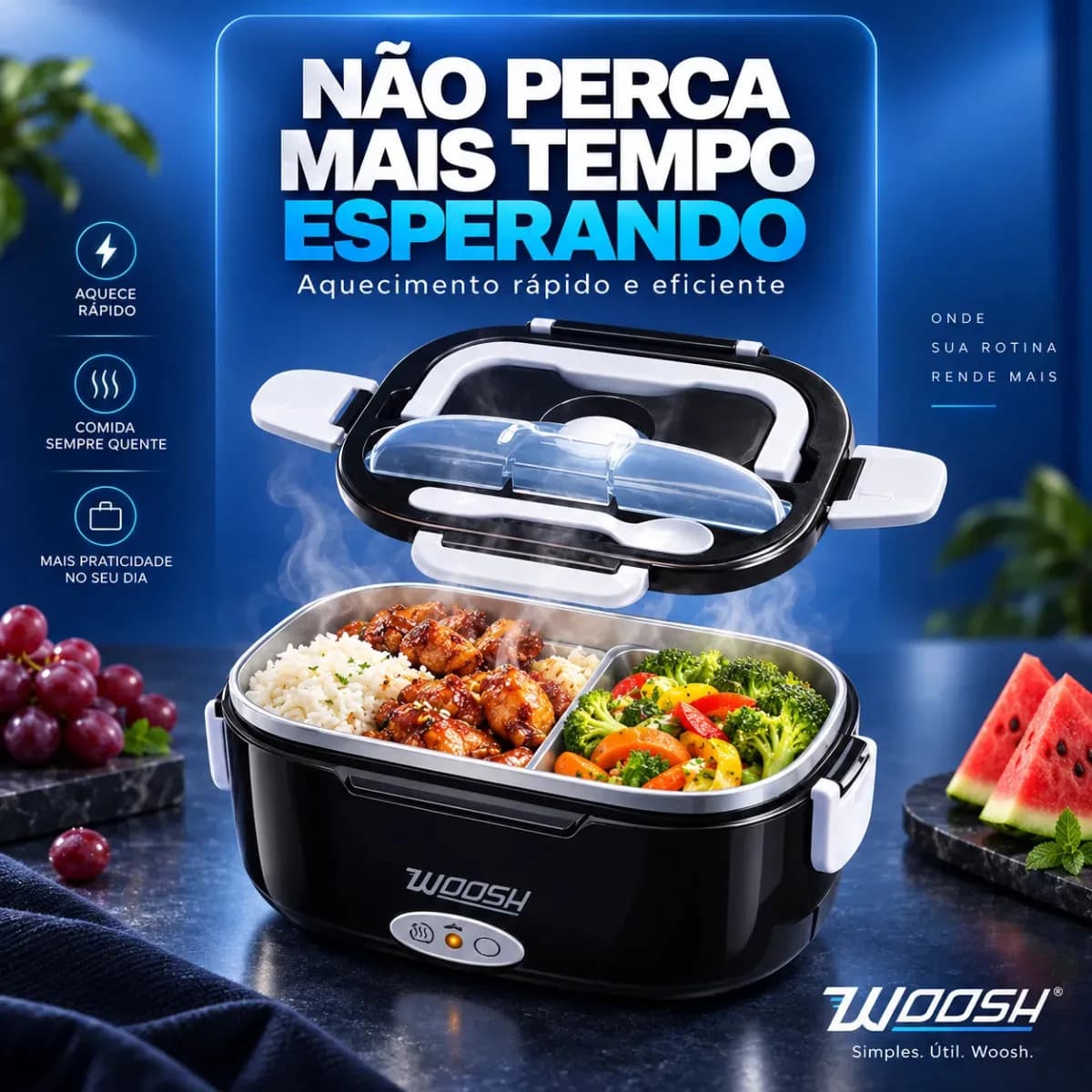 Marmita Elétrica Preta Bivolt Portátil Doméstica 110/220v Veicular 12/24v Lancheira 1.5l Com Divisórias Esquenta Rápido Refeições Práticas Trabalho Casa Carro C — imagem 4