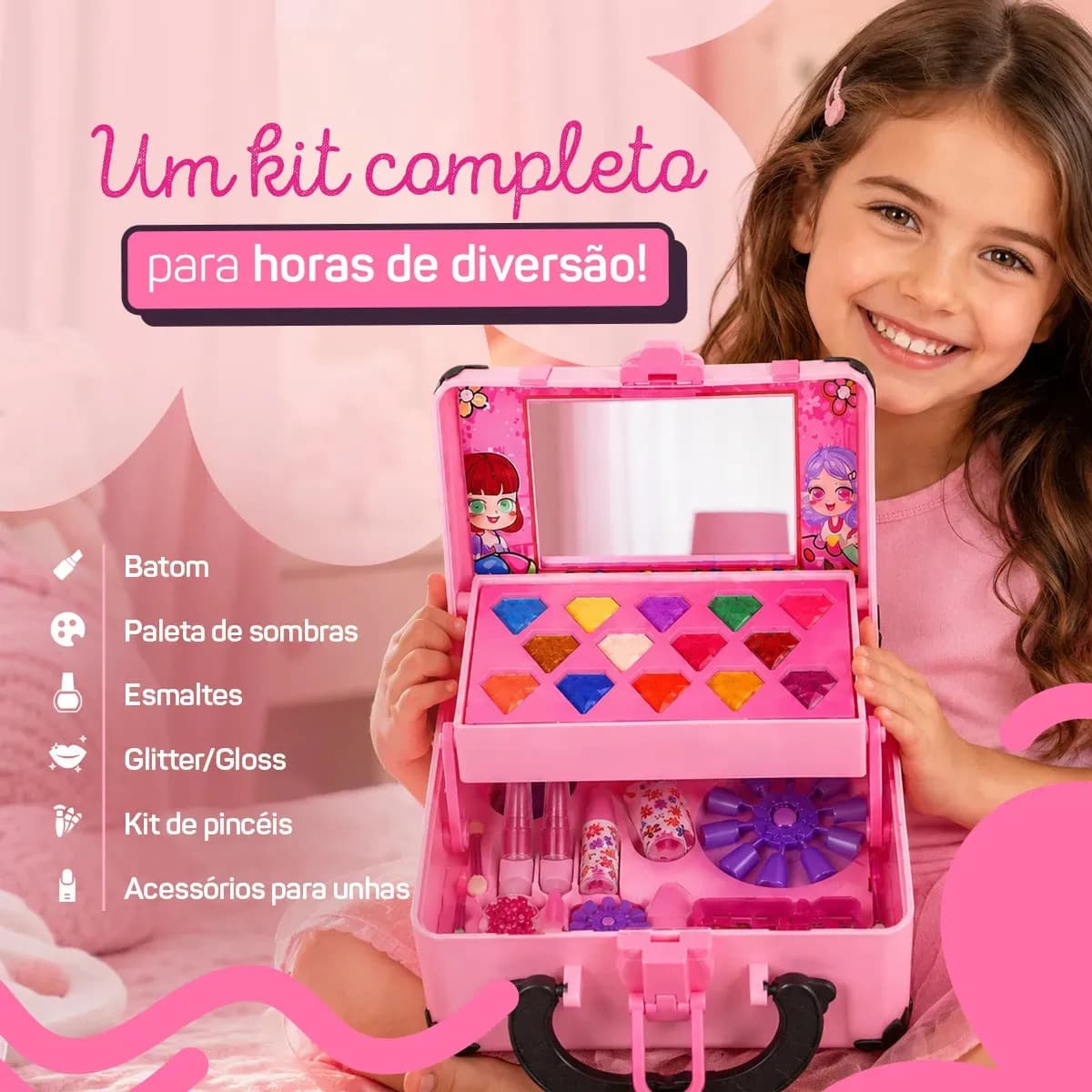 Kit Maquiagem Infantil Meninas Brinquedo Boneca Criança Maleta Antialergica Lavavel Mochila Espelho Rosa Hipoalergenica Presente Seguro Estojo Salao De Beleza T — imagem 5