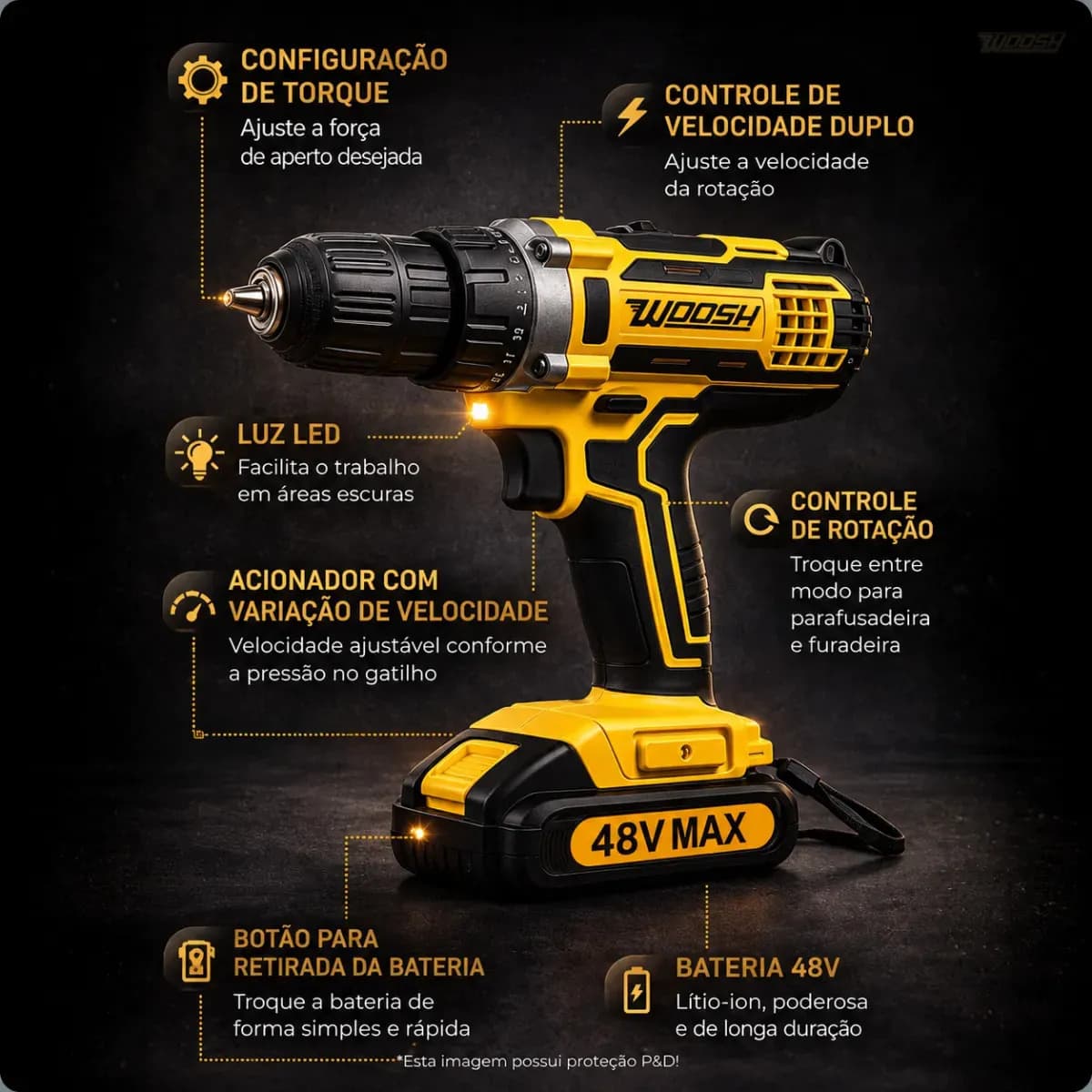 Parafusadeira Furadeira Impacto Sem Fio 2 Baterias Recarregável 48v Bivolt Velocidade Ajustavel Com Travas Mandril Resistente Woosh — imagem 4