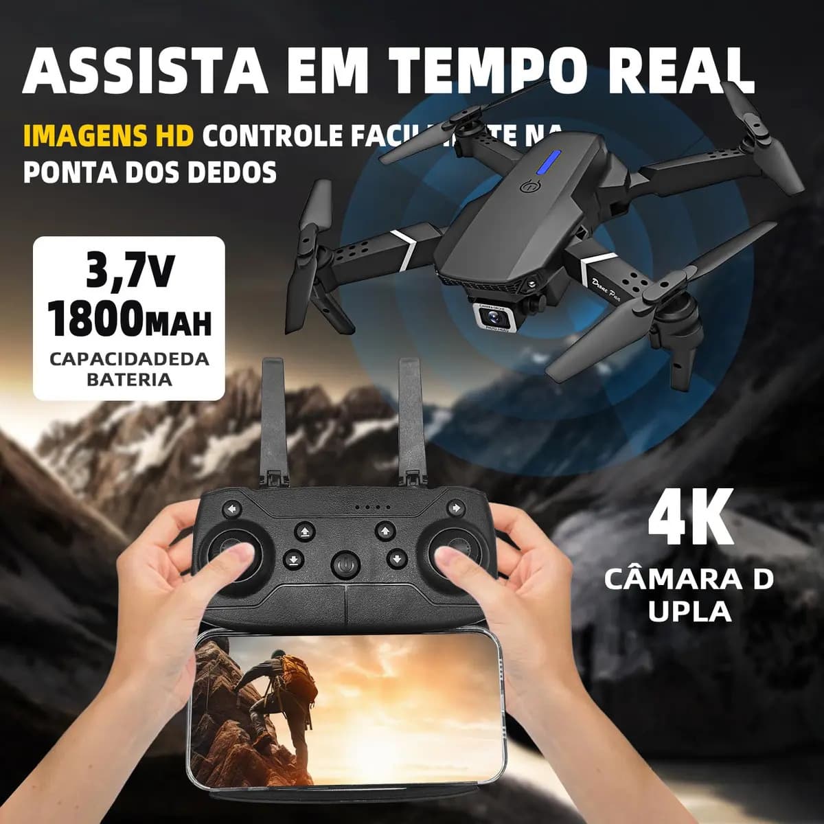 Mini Drone E88 Pro Com Câmera Dupla Wifi Com Case 2 Baterias + SCORELL Mini Controle Remoto Drone 2.4 Ghz — imagem 3