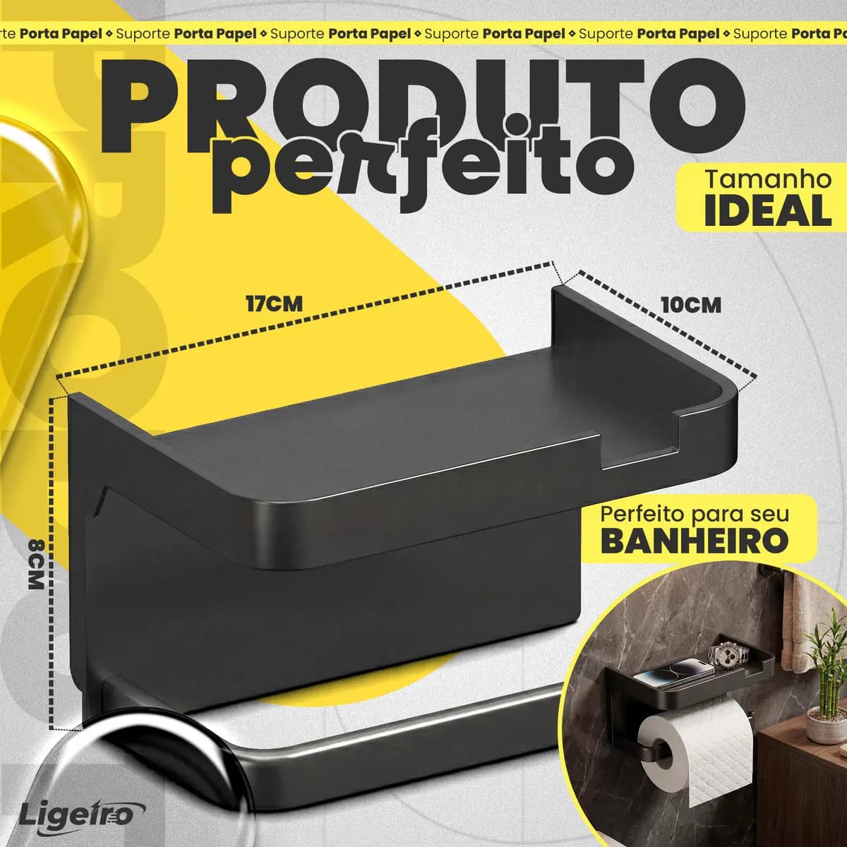 Suporte Papel Higiênico Adesivo de Parede com Prateleira Porta Celular Sem Furo Ligeiro — imagem 2