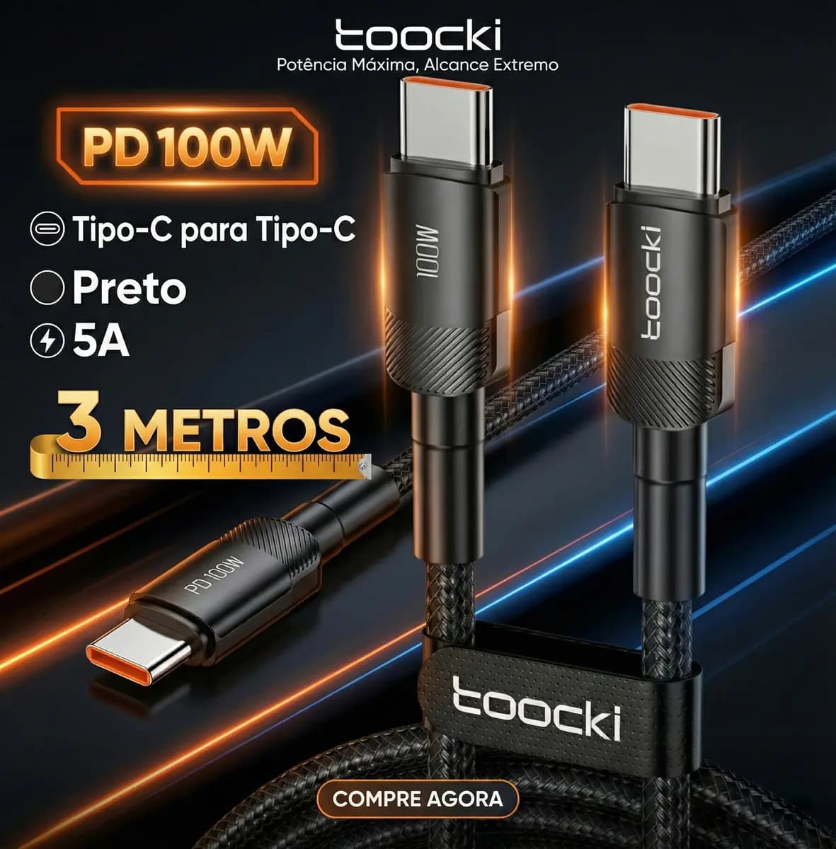 Cabo Toocki USB-C para USB-C 100W 3 Metros PD 3.0 Carregamento Rápido — imagem 3