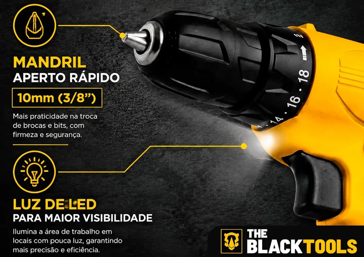 Parafusadeira Furadeira The Black Tools TB12A 3/8 a Bateria Cor Amarelo Frequência 60Hz — imagem 3