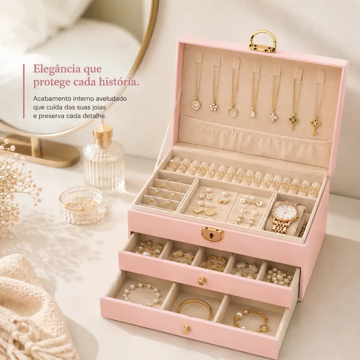 Porta Joias Luxo 3 Andares Com Chave Organizador maleta Anéis Brincos Colares Pulseiras Eps-8240 Cor Rosa — imagem 3