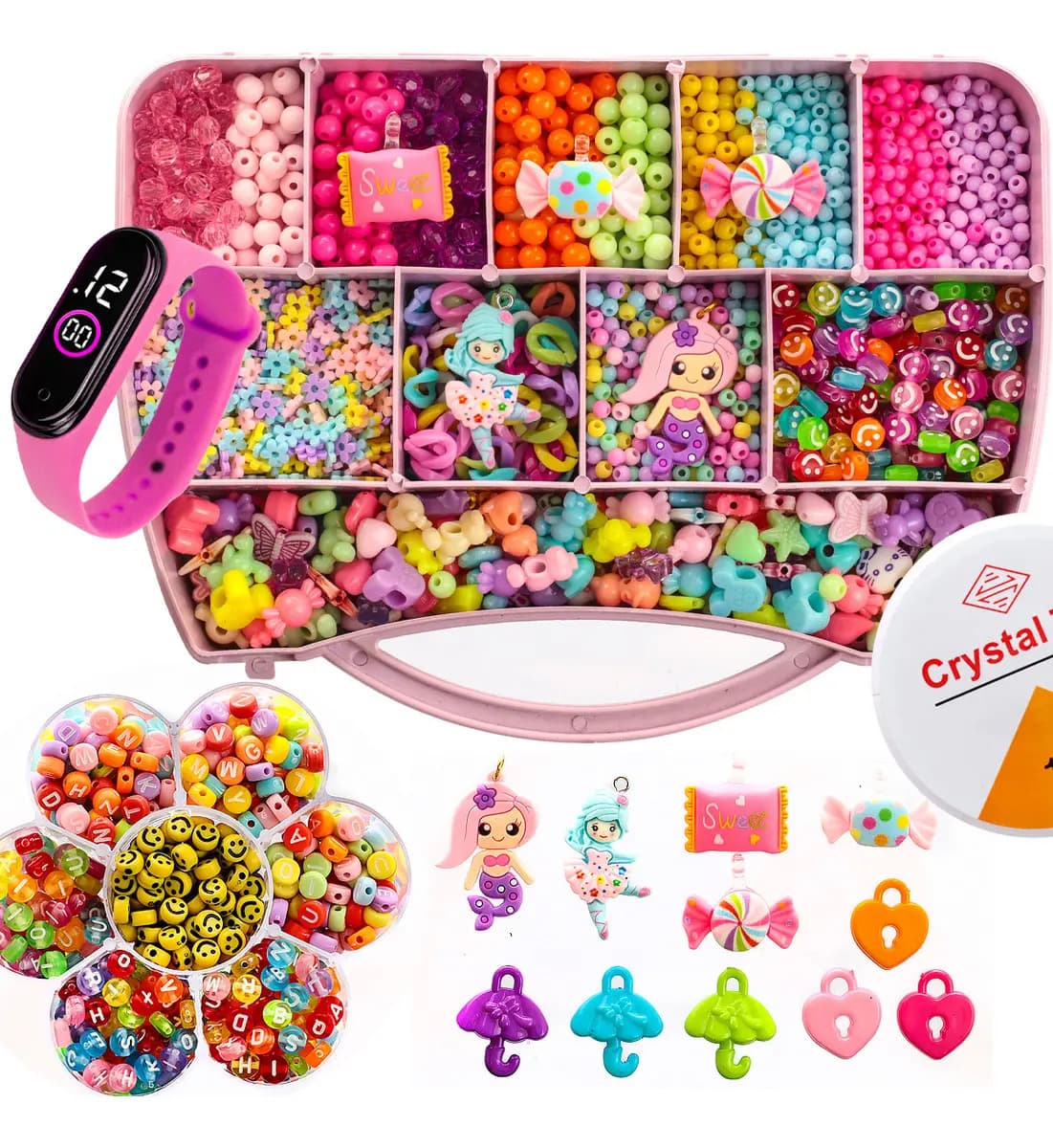 Kit Miçangas Infantil 3500 Pçs para Montar Pulseiras Bolinhas Maleta 19X13 cm 1 relógio digital Anita Bijuterias