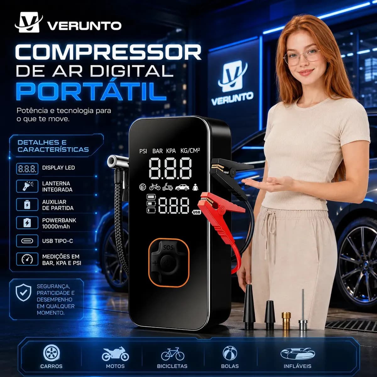 Bomba Elétrica Portátil Digital Para Encher Pneu De Carro Moto Bicicleta Inflador Automotivo Cor Preto — imagem 4