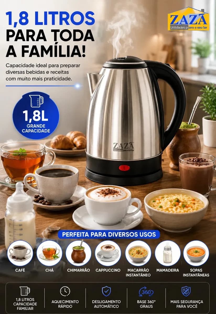 Chaleira Jarra Elétrica 1,8L Litros Em Inox Desligamento Automático Aquecimento Rápido Segura Café Chá Fácil Abertura Tampa Alça Ergométrica — imagem 4
