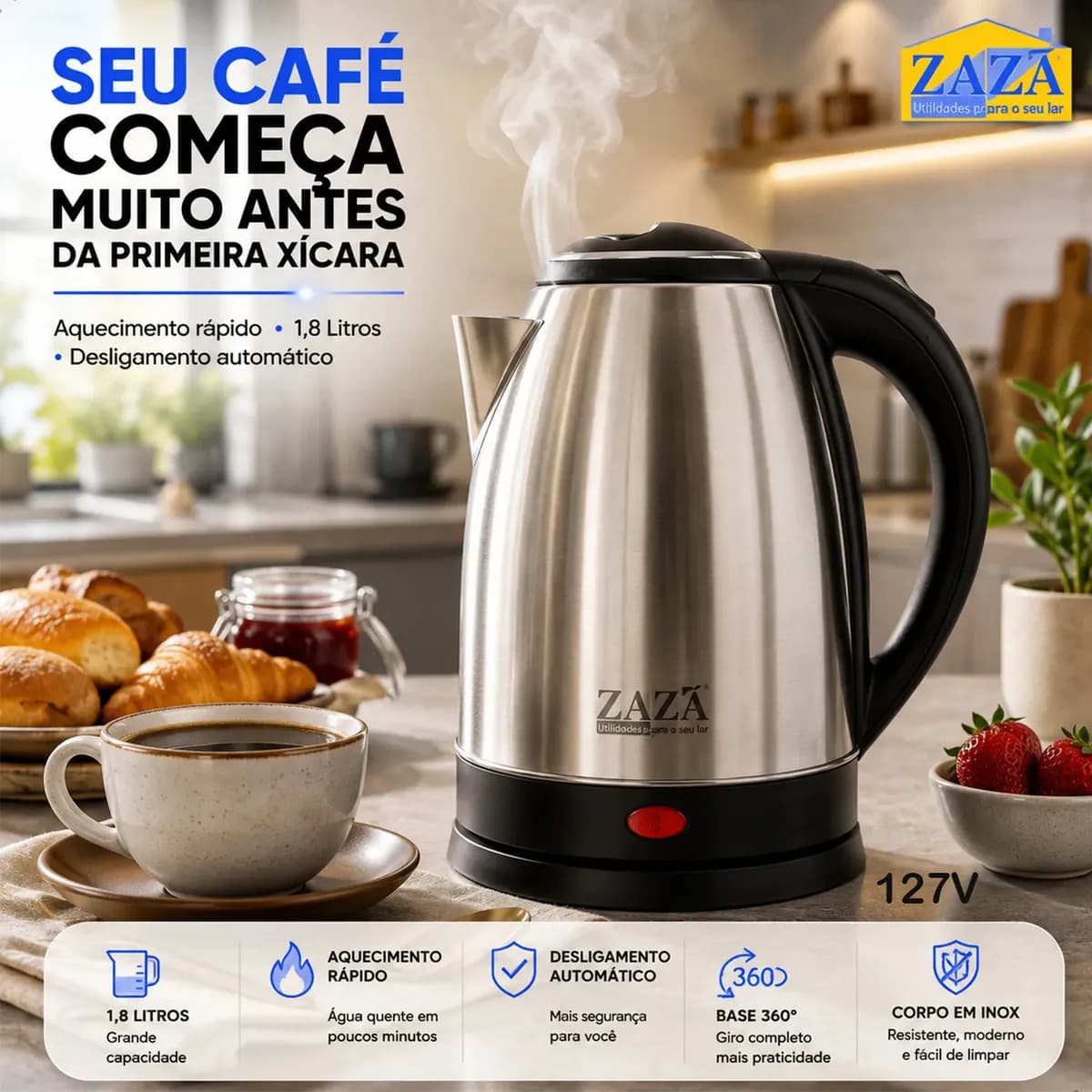 Chaleira Jarra Elétrica 1,8L Litros Em Inox Desligamento Automático Aquecimento Rápido Segura Café Chá Fácil Abertura Tampa Alça Ergométrica