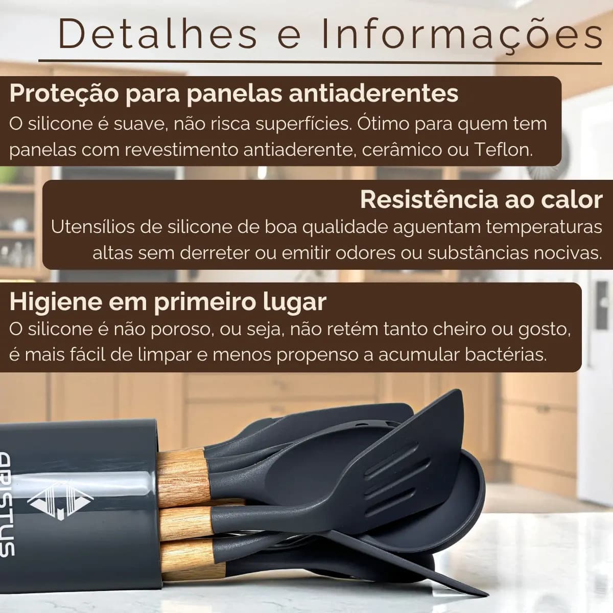 Kit 12 Utensílios De Silicone Com Cabo De Madeira - Marca Aristus Com Alta Resistência, Durável E Com Design Moderno, Perfeito Para Sua Cozinha Cor Cinza — imagem 5
