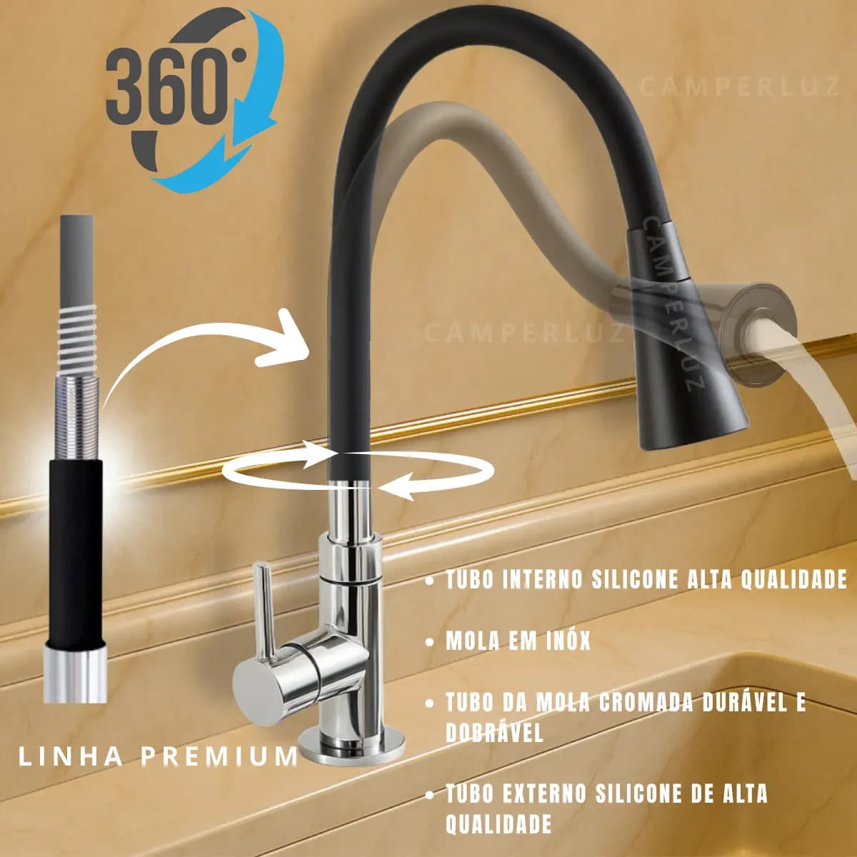 Torneira Gourmet Luxo Flexível Cozinha Bancada 2 Jatos Pia Cor Preto - Marca Camperluz — imagem 4