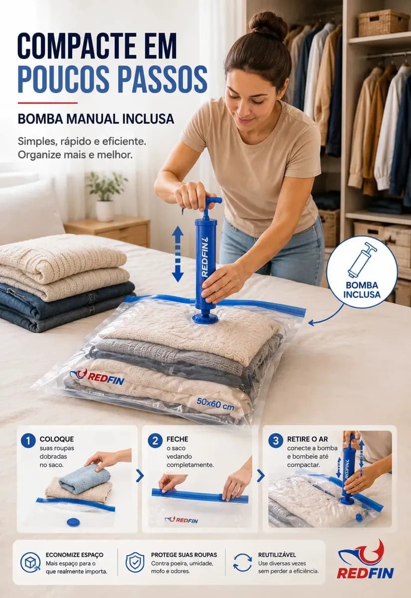 Kit Com 10 Sacos a Vácuo 50x60 cm Com Bomba Para Viagem e Organização — imagem 6