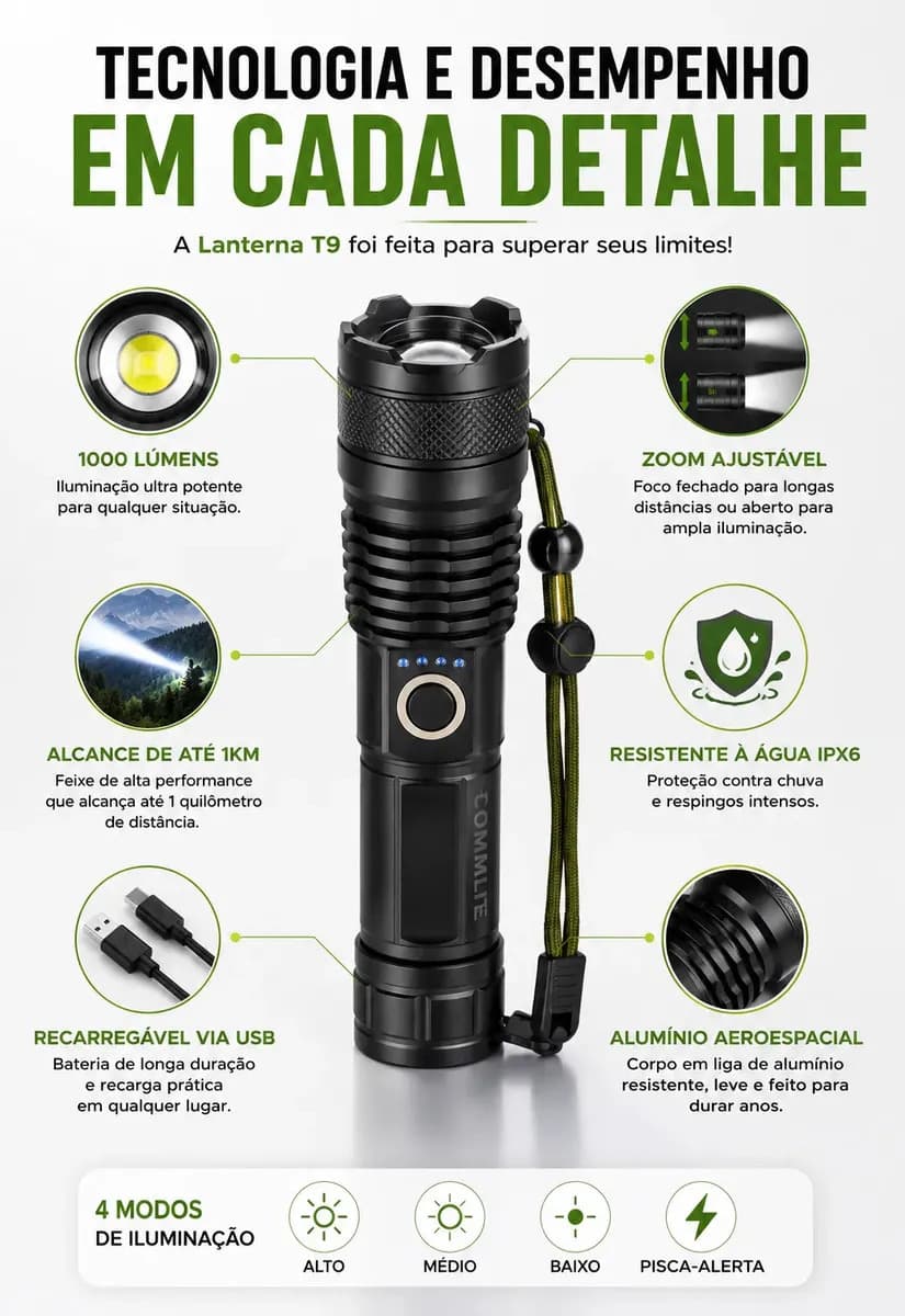 Lanterna Tática T9 Mais Forte Do Mundo Led Recarregável - Potente Profissional Militar Zoom Acampamento Pesca Caça Sobrevivência Emergência Policial Segurança P — imagem 2