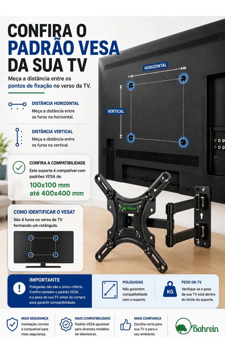 Suporte Para TV Articulado Parede 14 A 55 Polegadas Tri Braço Universal Reforçado inclinável VESA 400x400 LED LCD OLED QLED Plasma Inclinação Rotação 180° 35kg  — imagem 4