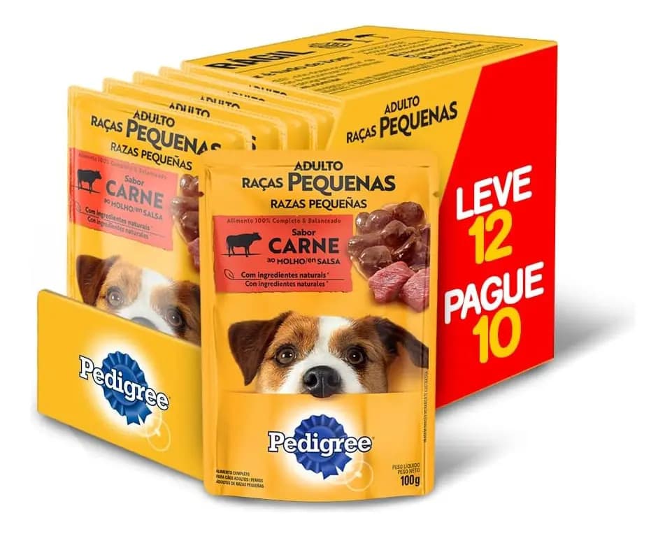 Ração Úmida Pedigree para Cão Adulto de Raças Pequenas Sabor Carne ao Molho - Kit com 12 Sachês de 100g