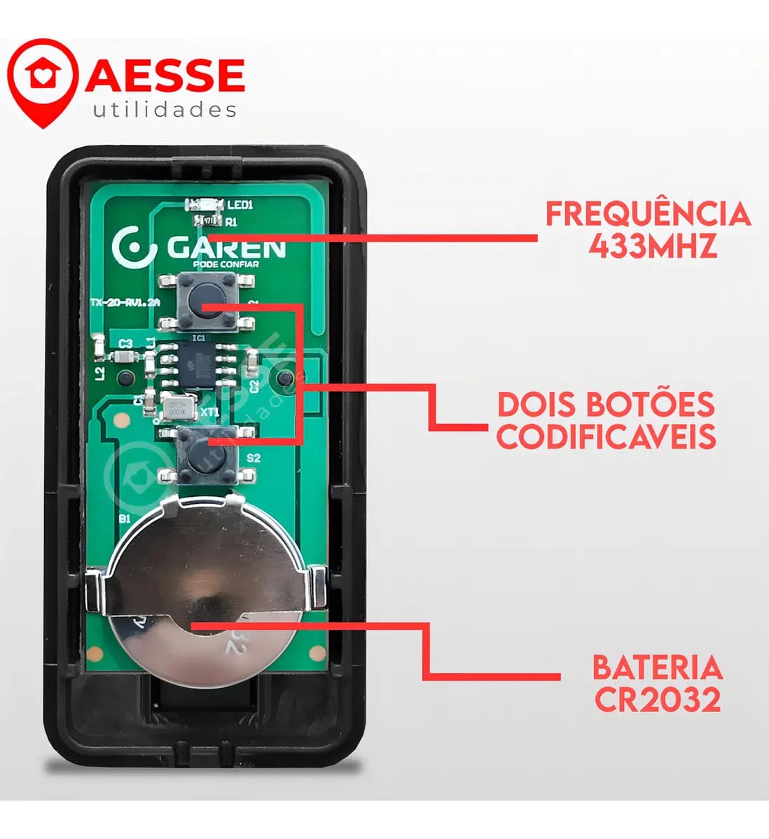 Controle Remoto Garen Tx Max 433 MHz 2 Botões Amarelo — imagem 2