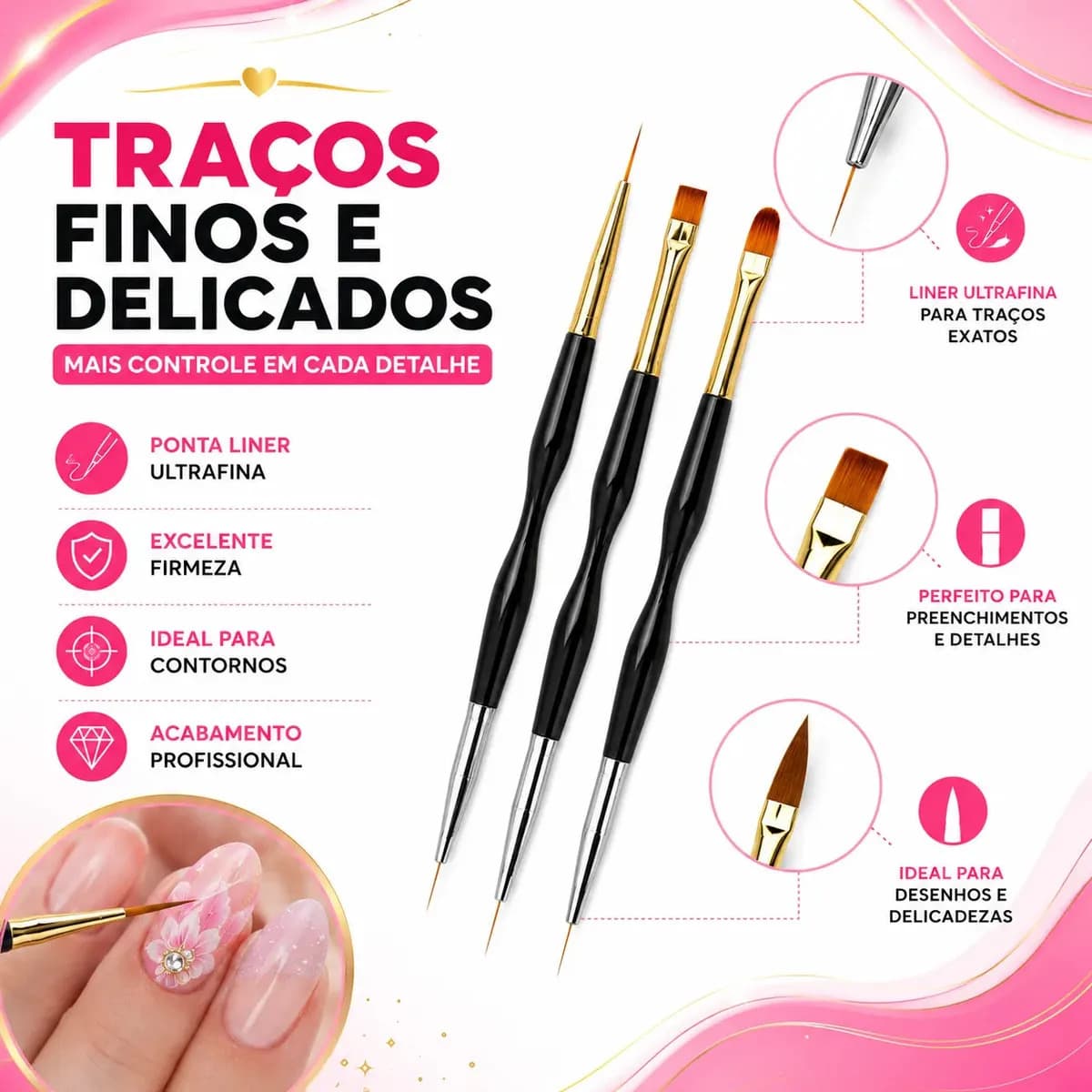 Kit 3 Pincéis 2 Pontas Unhas Gel Acrigel Decoração Nail Art Manicure Acabamento Profissional Ponta Dupla Boa Dica — imagem 4