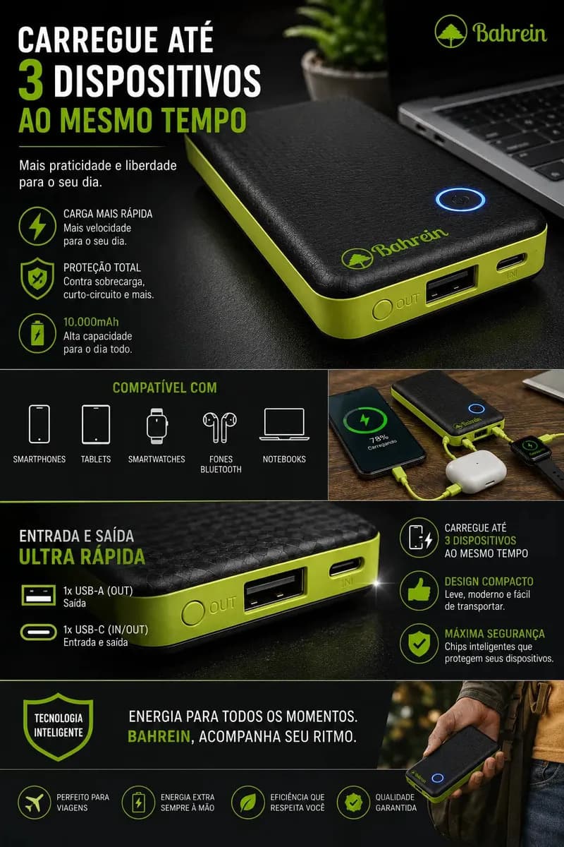 Power Bank 10000mah Carregador Portátil Turbo Rápido Universal Celular - Melhor Carregador Portátil Compatível Com iPhone Notebook Relógios Android Mac Ios Sams — imagem 3