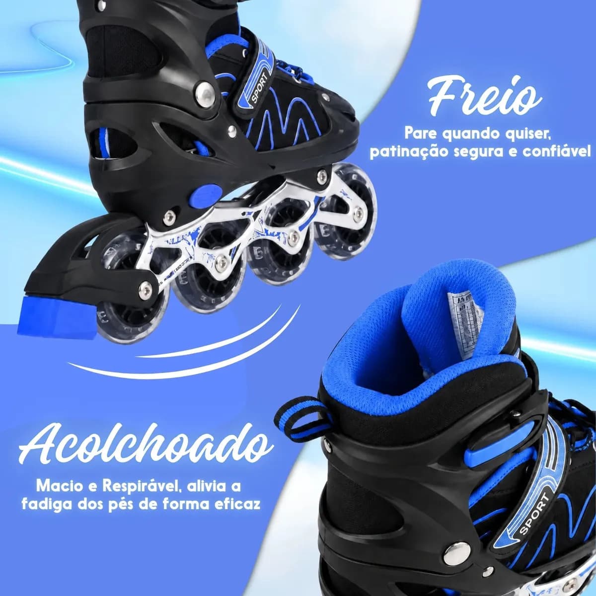 Patins Infantil Ajustável 4 Rodas Inline Roller Kit Proteção Azul- (m) — imagem 3